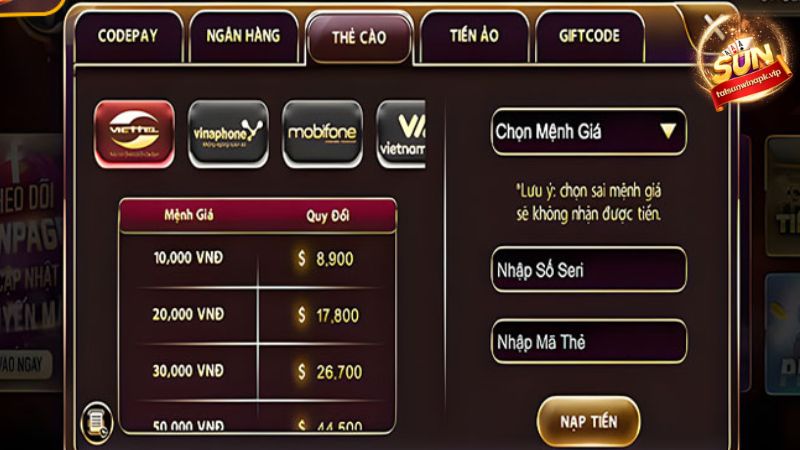 Game thủ cần phải chọn đúng mệnh giá và nhà mạng mới bổ sung được tiền cược 