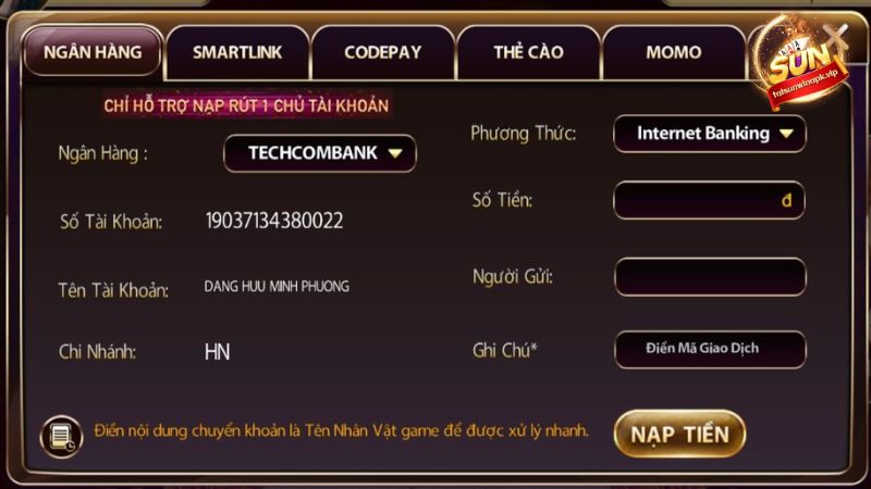 Nền tảng hỗ trợ game thủ đa dạng các kênh thanh toán nạp vốn cược hoặc rút phần thưởng